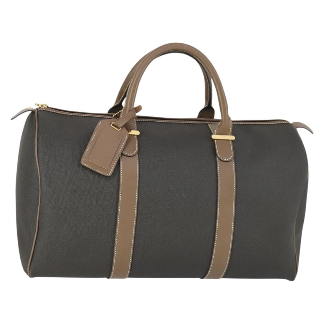 Brown PVC Boston Bag by Dunhill with Gold Accents and Name Tag: Brown PVC Boston Bag by Dunhill with Gold Accents and Name Tag This Dunhill Boston bag features a classic design crafted from brown and gold PVC leather. It offers ample storage space with a structure