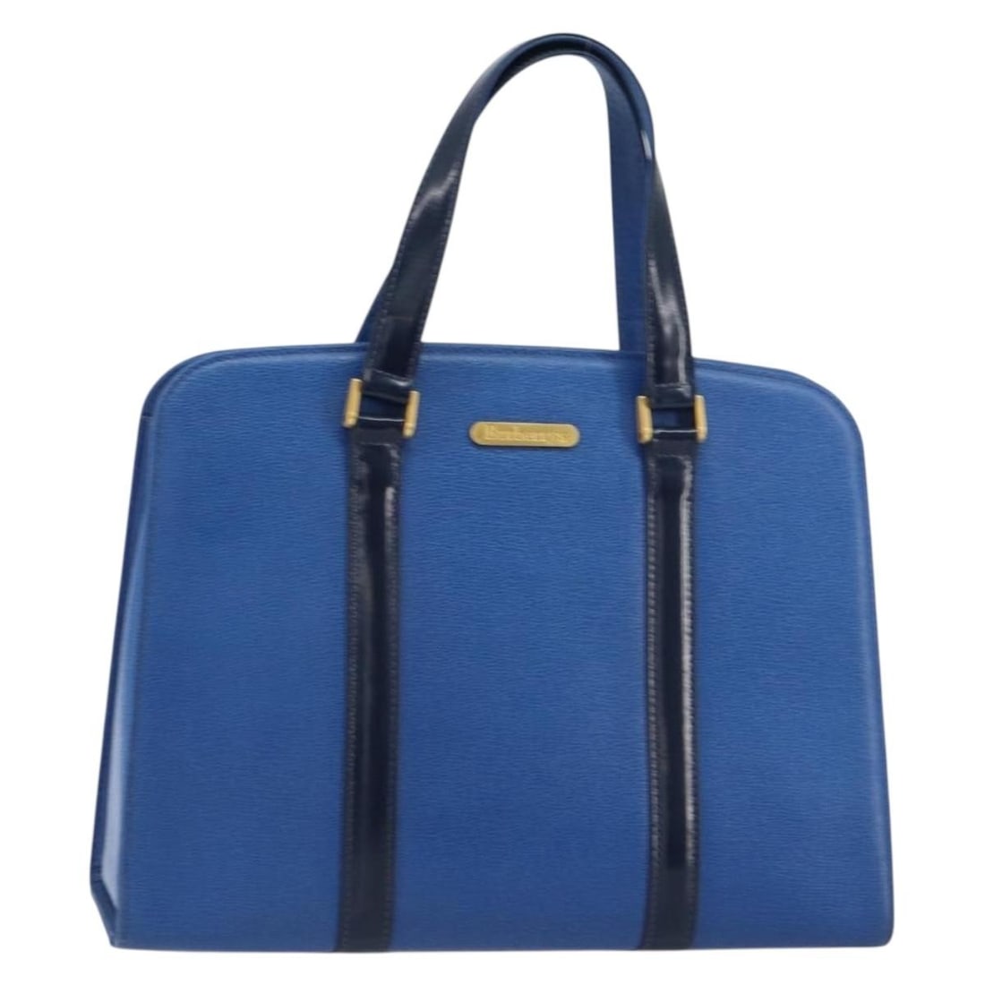 Blue Leather Burberrys Handbag with Gold Accents: Blue Leather Burberrys Handbag with Gold Accents This Burberrys handbag features a blue leather exterior with gold-tone accents. The bag offers a spacious interior and includes a handle with a 5.1-inc