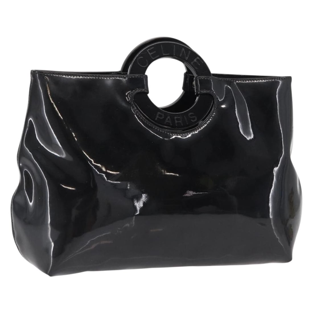 Celine Black Patent Leather Circle Handbag with Silver Accents: Celine Black Patent Leather Circle Handbag with Silver Accents This is a CELINE Circle hand bag crafted from black patent leather with silver-tone accents. Made in Italy, the bag features a structured