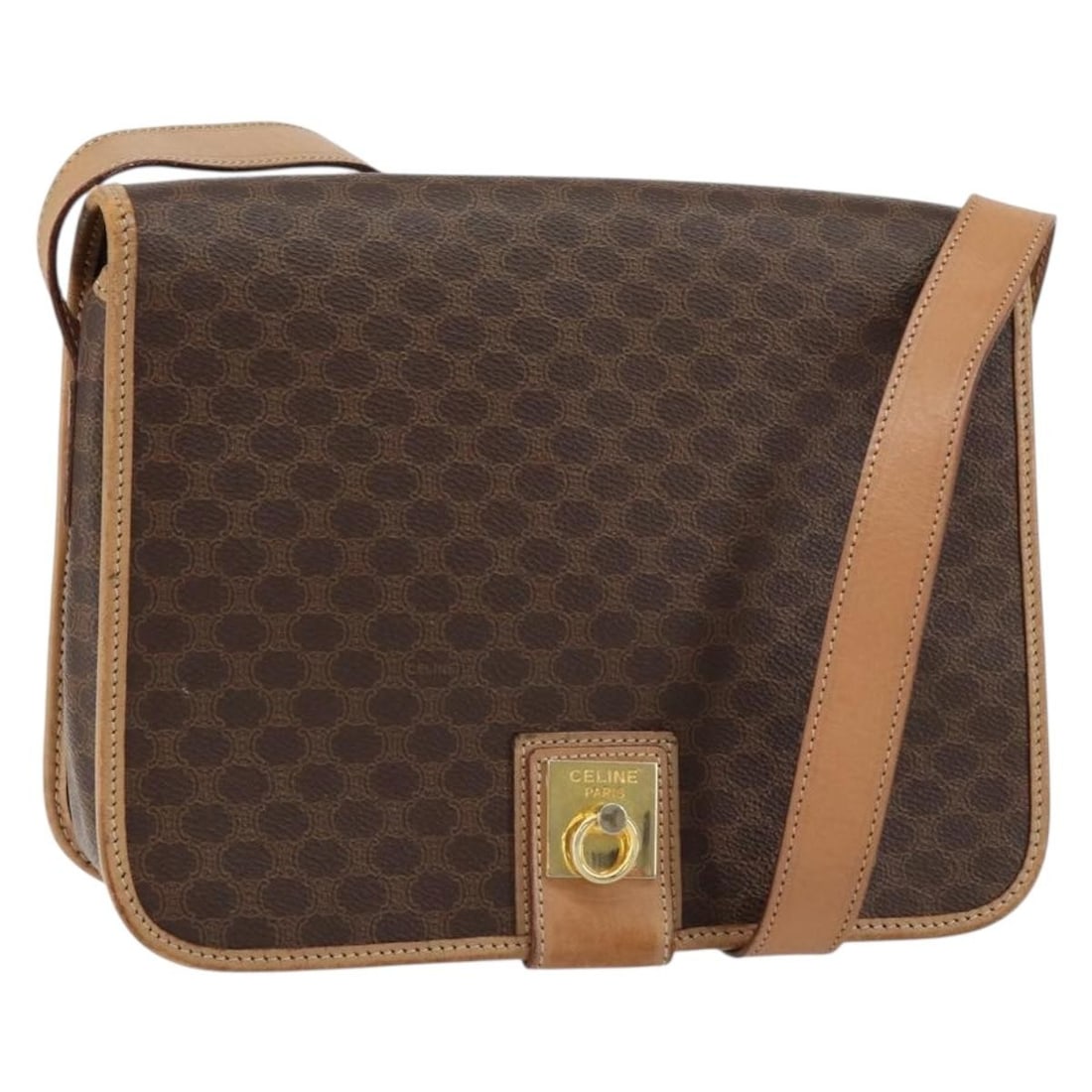 CELINE Macadam Canvas Brown Gold Shoulder Bag PVC Auth M14: CELINE Macadam Canvas Brown Gold Shoulder Bag PVC Auth M14 Elevate your style with this authentic CELINE Macadam Canvas Shoulder Bag, expertly crafted in Italy. Made from durable PVC leather and featu