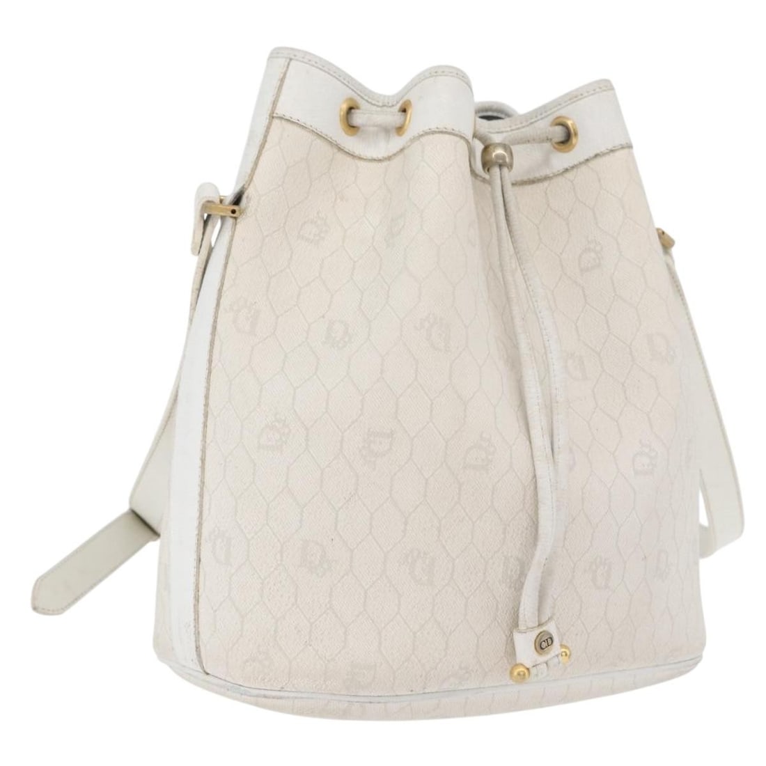 Christian Dior White Gold Honeycomb Canvas Shoulder Bag: Christian Dior White Gold Honeycomb Canvas Shoulder Bag Christian Dior shoulder bag crafted from white and gold honeycomb canvas. The bag features a shoulder strap with an approximate drop of 18.5 to