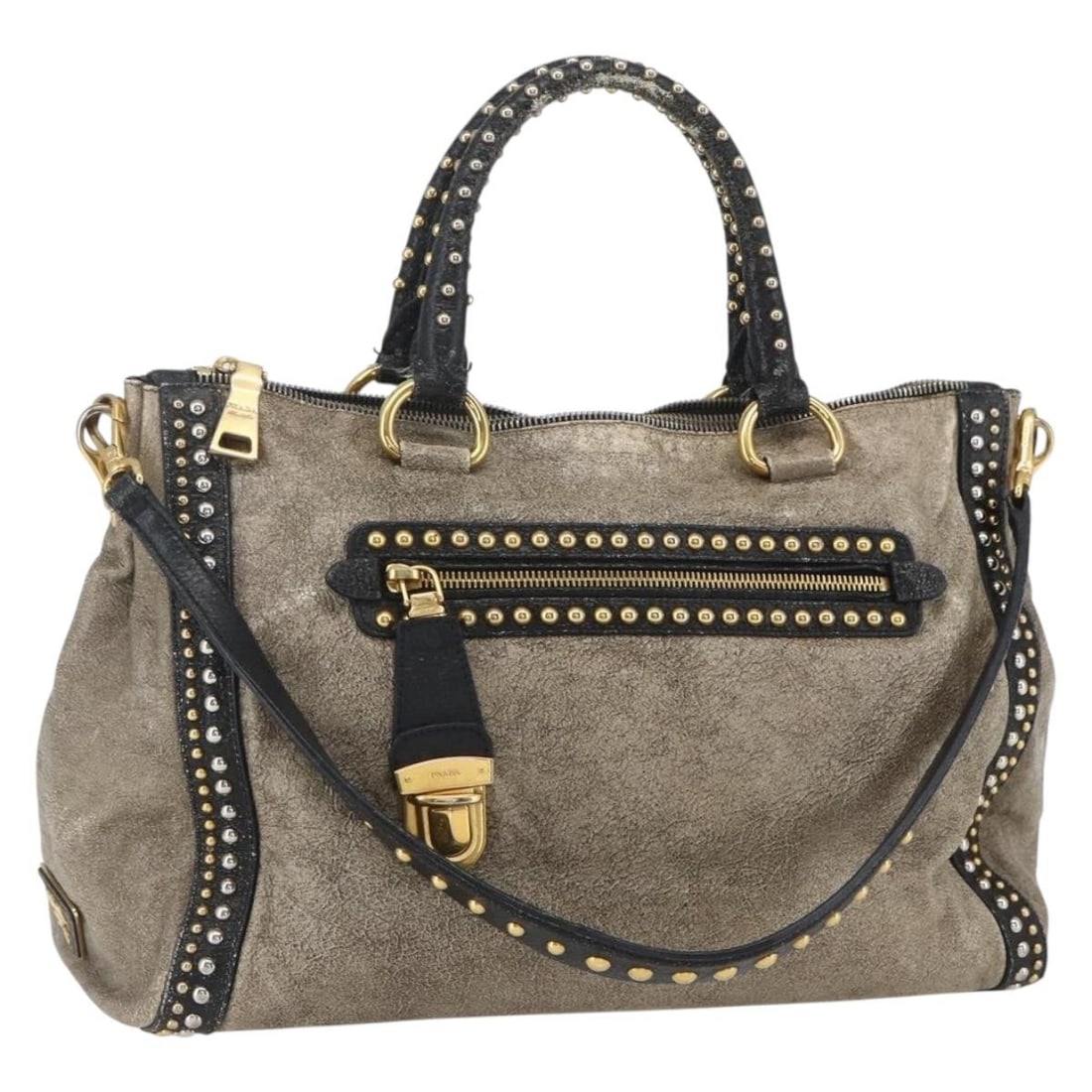 Prada Beige Leather Convertible Satchel with Gold Tone Hardware and Shoulder Strap: Prada Beige Leather Convertible Satchel with Gold Tone Hardware and Shoulder Strap This PRADA 2-way handbag is crafted from beige leather with gold-tone accents and offers versatile use with both hand