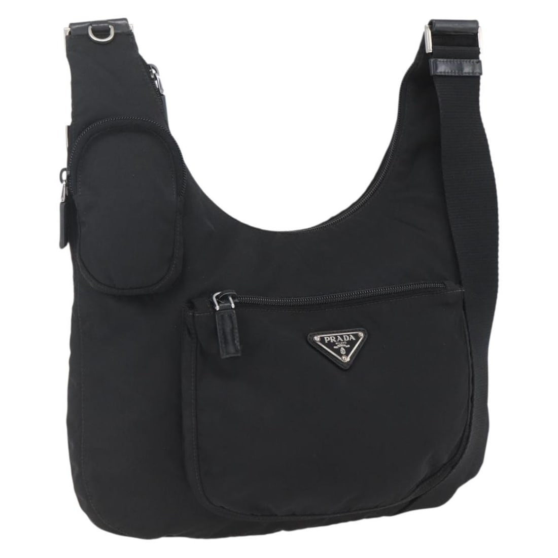 Prada Black Nylon Shoulder Bag with Silver Accents Made in Italy: Prada Black Nylon Shoulder Bag with Silver Accents Made in Italy This PRADA shoulder bag features a sleek black nylon exterior with silver-tone accents. Designed for both style and practicality, it of