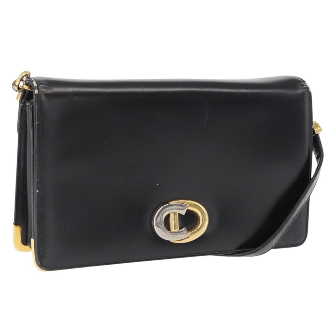 Black Leather Christian Dior Shoulder Bag with Gold Accents: Black Leather Christian Dior Shoulder Bag with Gold Accents This Christian Dior shoulder bag is crafted from black leather with gold accents. The bag features a compact silhouette with approximate dim