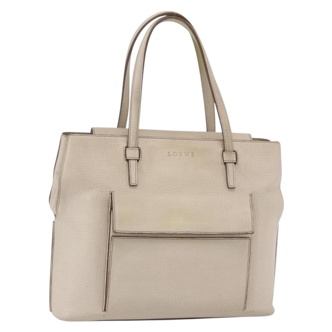 Loewe Beige and Gold Leather Handbag from Spain: Loewe Beige and Gold Leather Handbag from Spain This LOEWE hand bag features beige and gold leather exterior with dual top handles. Made in Spain, it offers a compact and structured silhouette, suitab