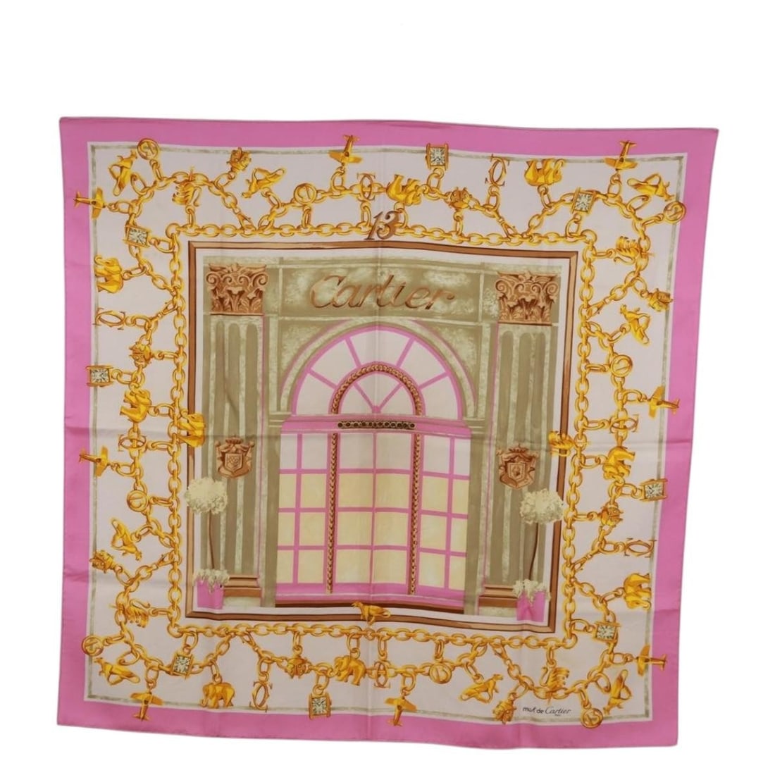 Silk Pink Scarf by Cartier with Box 33.1 Inch Square Made in Italy: Silk Pink Scarf by Cartier with Box 33.1 Inch Square Made in Italy This is a pink silk scarf by Cartier, crafted in Italy. The scarf measures approximately 84 cm by 84 cm (33.1 inches by 33.1 inches).