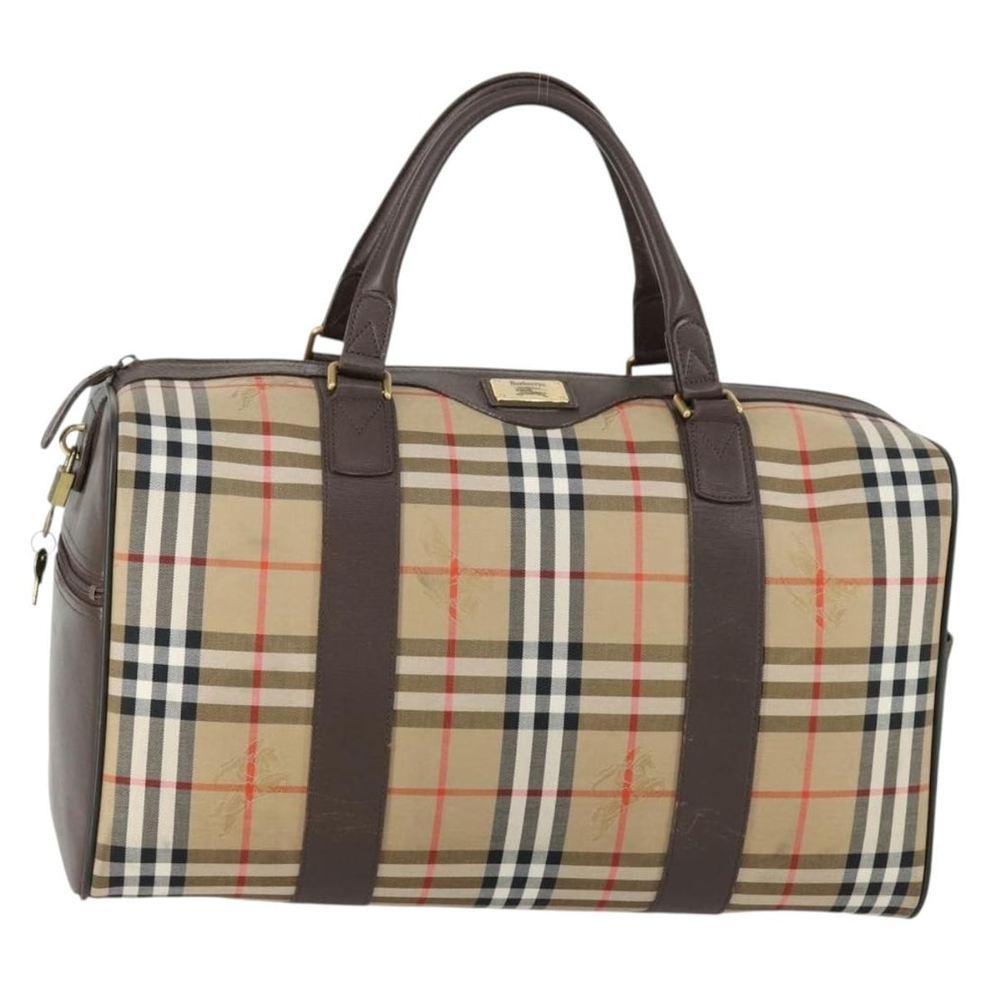 Burberrys Boston Bag in Beige Canvas with Nova Check Pattern and Padlock: Burberrys Boston Bag in Beige Canvas with Nova Check Pattern and Padlock This Burberrys Boston bag features the classic Nova Check design in beige and gold canvas. The bag comes with a padlock and two