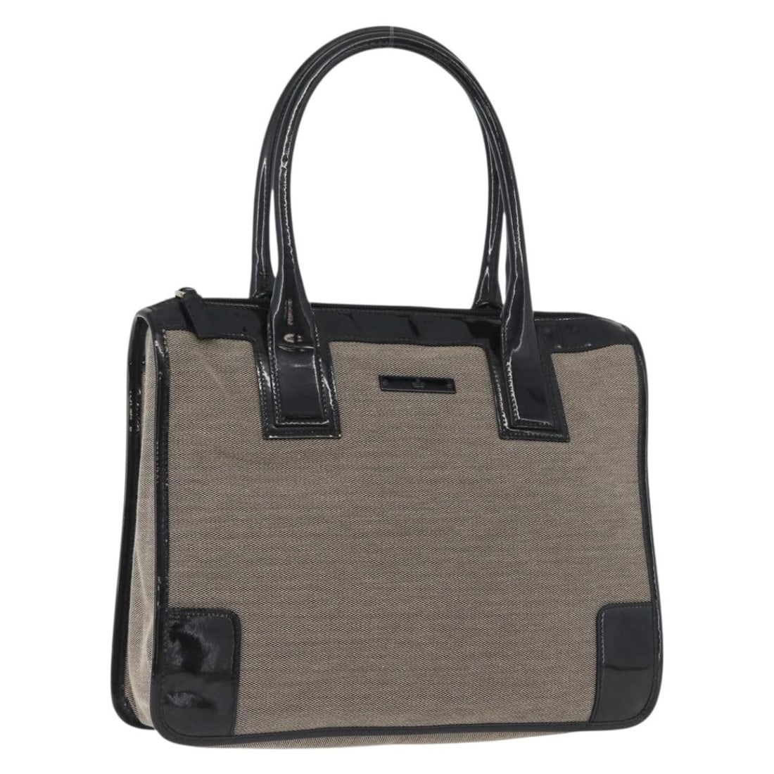 GUCCI 000 0855 Canvas Tote Bag in Beige Black Gold Patent Leather Trim: GUCCI 000 0855 Canvas Tote Bag in Beige Black Gold Patent Leather Trim This Gucci tote bag features a beige, black, and gold color scheme with a canvas exterior and patent leather accents. Made in Ita