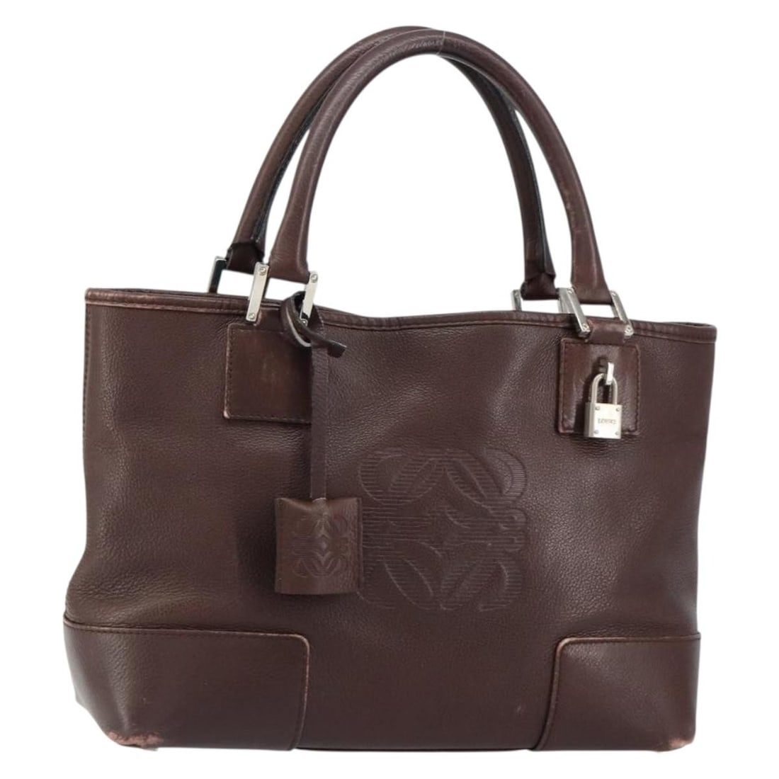 LOEWE Anagram Justa Amazona Leather Hand Bag Brown Silver Auth (1 of 18)