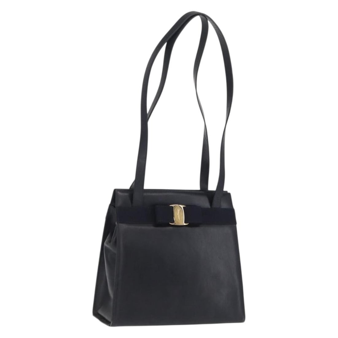 Navy Leather Vala Ribbon Shoulder Purse by Salvatore Ferragamo: Navy Leather Vala Ribbon Shoulder Purse by Salvatore Ferragamo This Salvatore Ferragamo Vala Ribbon shoulder bag features navy leather with gold-tone accents. The bag has a classic shoulder style and