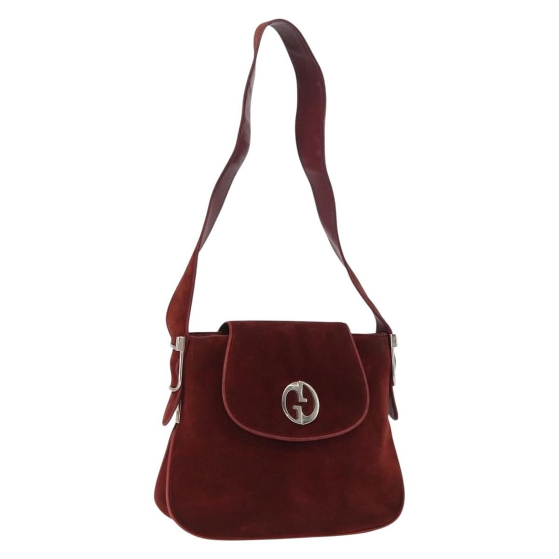Gucci Bordeaux Suede Shoulder Bag Gold Tone Hardware Italian Made: Gucci Bordeaux Suede Shoulder Bag Gold Tone Hardware Italian Made This is a Gucci shoulder bag crafted from bordeaux suede with gold-tone accents. The bag features an approximate height of 8.3 inches