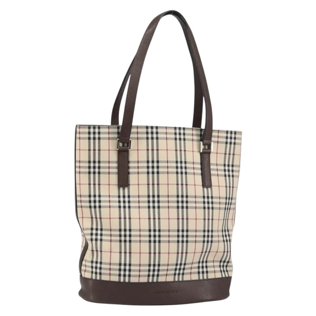 BURBERRY Nova Check Tote Bag PVC Leather Beige Silver Auth BA8673: BURBERRY Nova Check Tote Bag PVC Leather Beige Silver Auth BA8673 This Burberry Nova Check Tote Bag features a stylish beige and silver PVC leather exterior, perfect for adding a touch of elegance to
