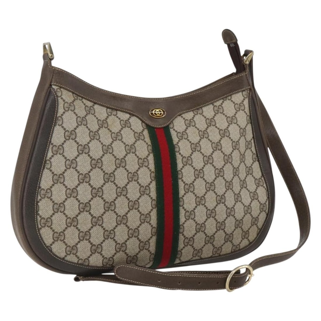 Gucci Sherry Line GG Supreme Beige Gold PVC Shoulder Bag 72 001 4467: Gucci Sherry Line GG Supreme Beige Gold PVC Shoulder Bag 72 001 4467 This GUCCI GG Supreme Web Sherry Line shoulder bag features a beige and gold exterior crafted from PVC leather and GG canvas. It ha