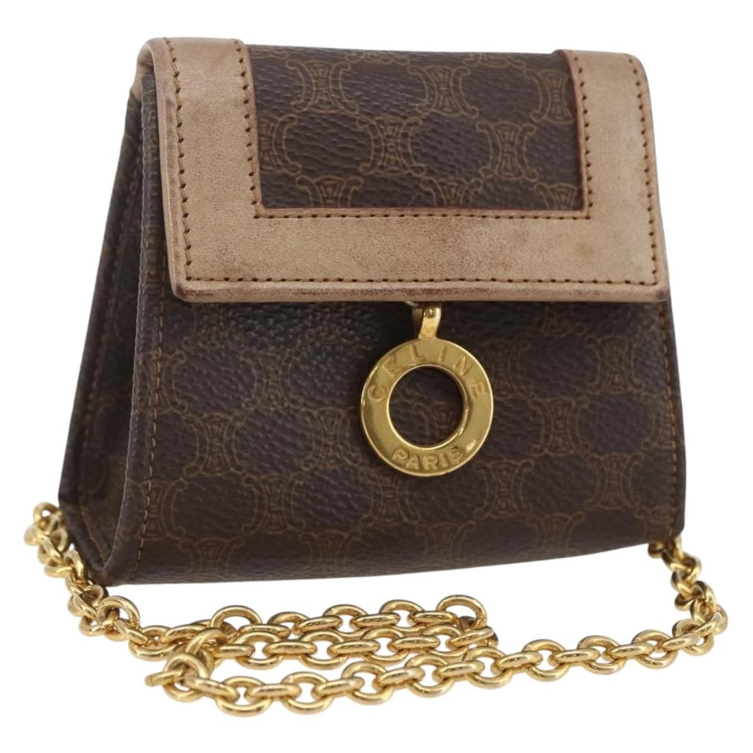 CELINE Macadam Canvas and PVC Leather Brown Circle Chain Shoulder Pouch: CELINE Macadam Canvas and PVC Leather Brown Circle Chain Shoulder Pouch This Celine shoulder bag features a combination of brown Macadam canvas and PVC leather with gold-tone metal hardware. It is cra