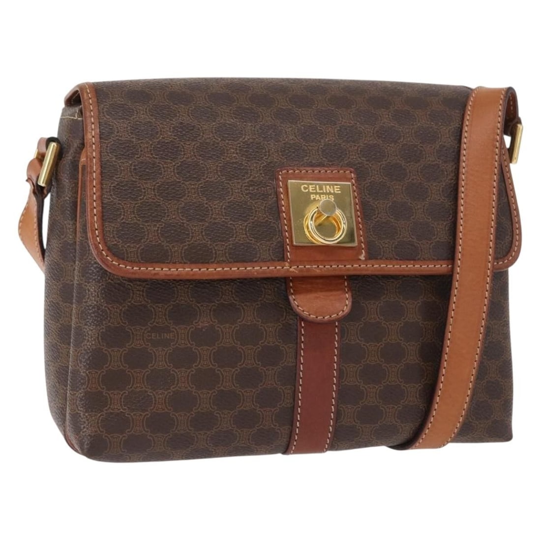 CELINE Macadam Canvas Shoulder Bag PVC Leather Brown Gold Italy Auth: CELINE Macadam Canvas Shoulder Bag PVC Leather Brown Gold Italy Auth This CELINE Macadam Canvas Shoulder Bag combines elegance and practicality with its classic design. Crafted in Italy, this shoulder