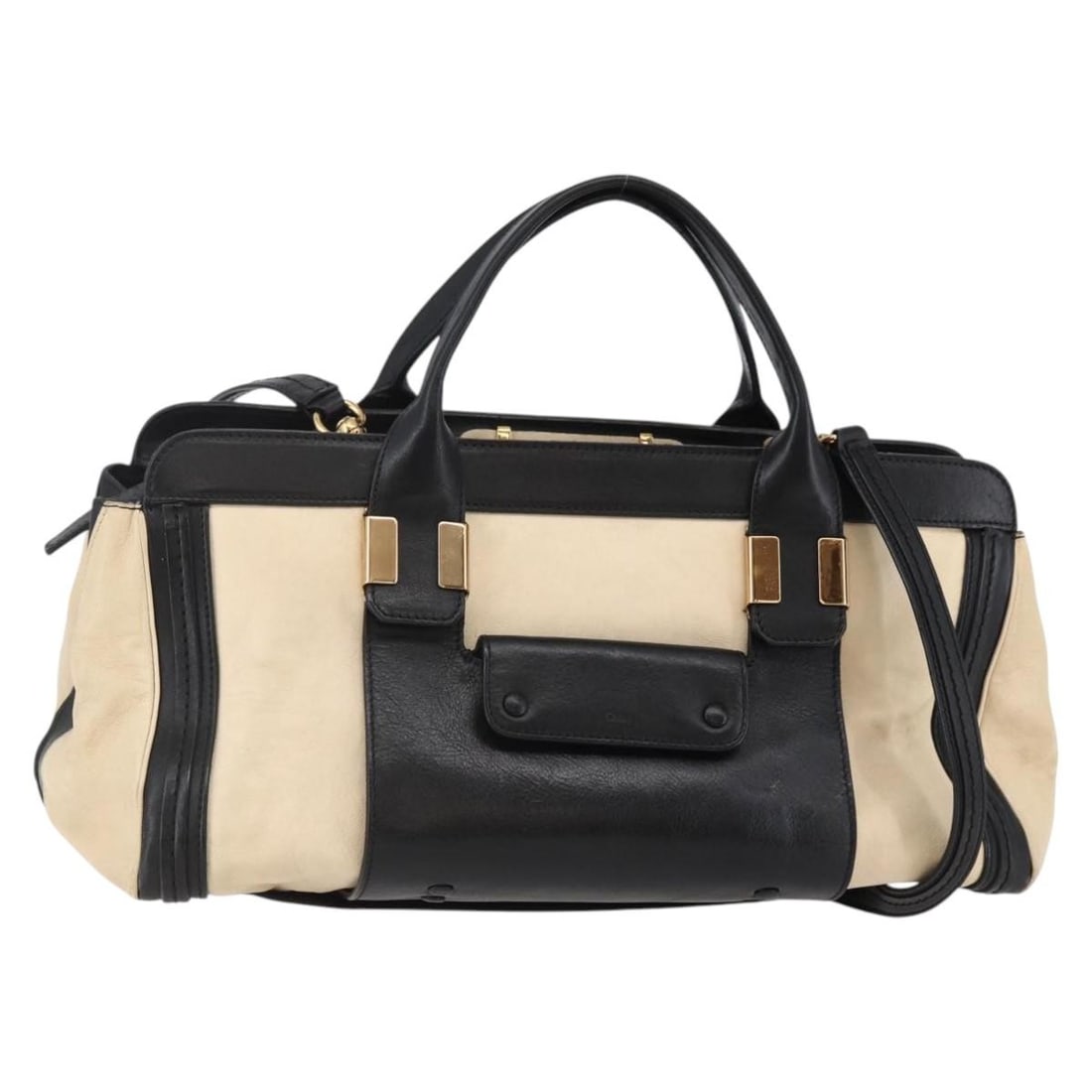 Chloe Alice Leather Hand Bag Beige Black Gold Auth 2 Way AM9028: Chloe Alice Leather Hand Bag Beige Black Gold Auth 2 Way AM9028 Elevate your style with the Chloe Alice Hand Bag, a stunning blend of beige, black, and gold leather. This versatile 2-way handbag offer