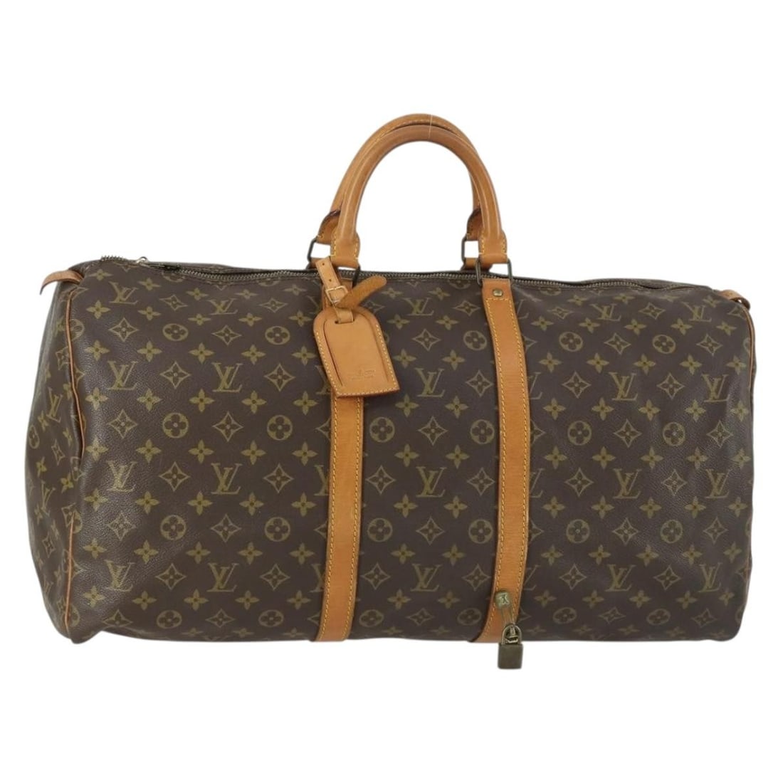 Louis Vuitton Keepall 55 Monogram Canvas Boston Bag M41424 with Name Tag: Louis Vuitton Keepall 55 Monogram Canvas Boston Bag M41424 with Name Tag This Louis Vuitton Monogram Keepall 55 Boston Bag features the signature monogram canvas exterior with natural leather accents.