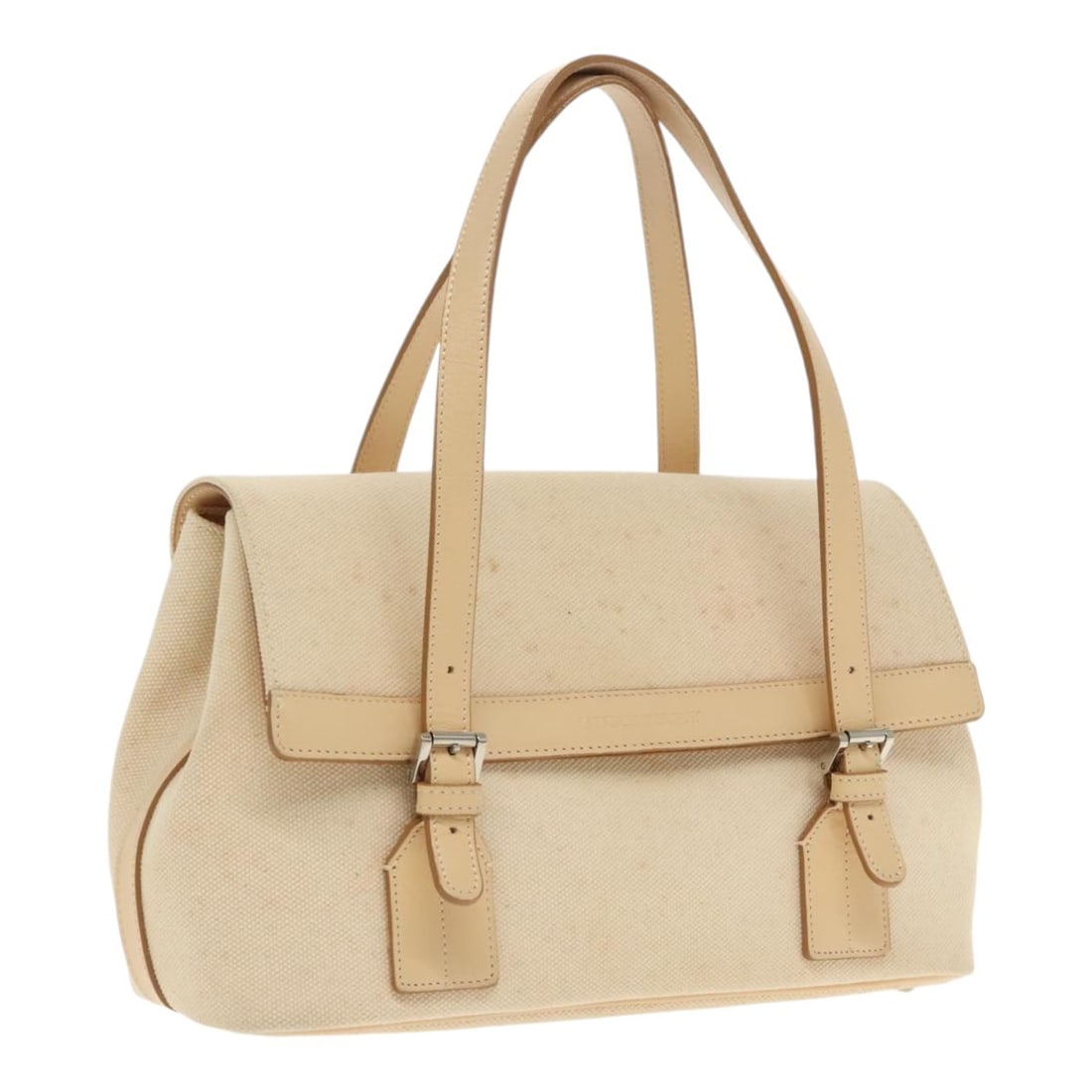 BURBERRY Canvas Hand Bag White Beige Silver Auth 11x6.7x3.7: BURBERRY Canvas Hand Bag White Beige Silver Auth 11x6.7x3.7 This BURBERRY hand bag showcases a sophisticated design with a blend of white, beige, and silver tones. Crafted from durable canvas, it feat