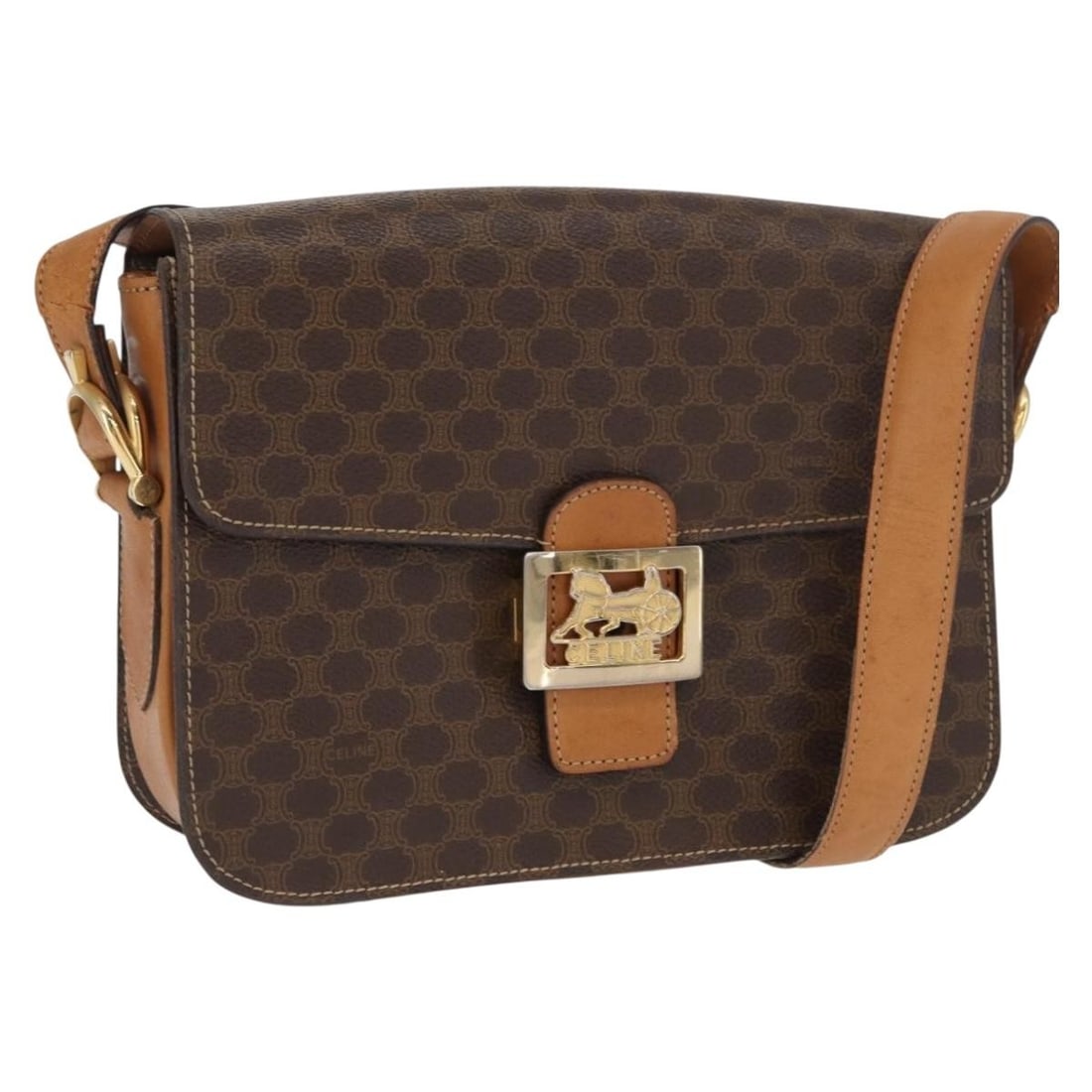 Celine Macadam Brown PVC Leather Shoulder Bag Gold Accents Italy: Celine Macadam Brown PVC Leather Shoulder Bag Gold Accents Italy This CELINE Macadam shoulder bag features a combination of PVC leather and signature Macadam canvas in brown with gold-tone accents. De