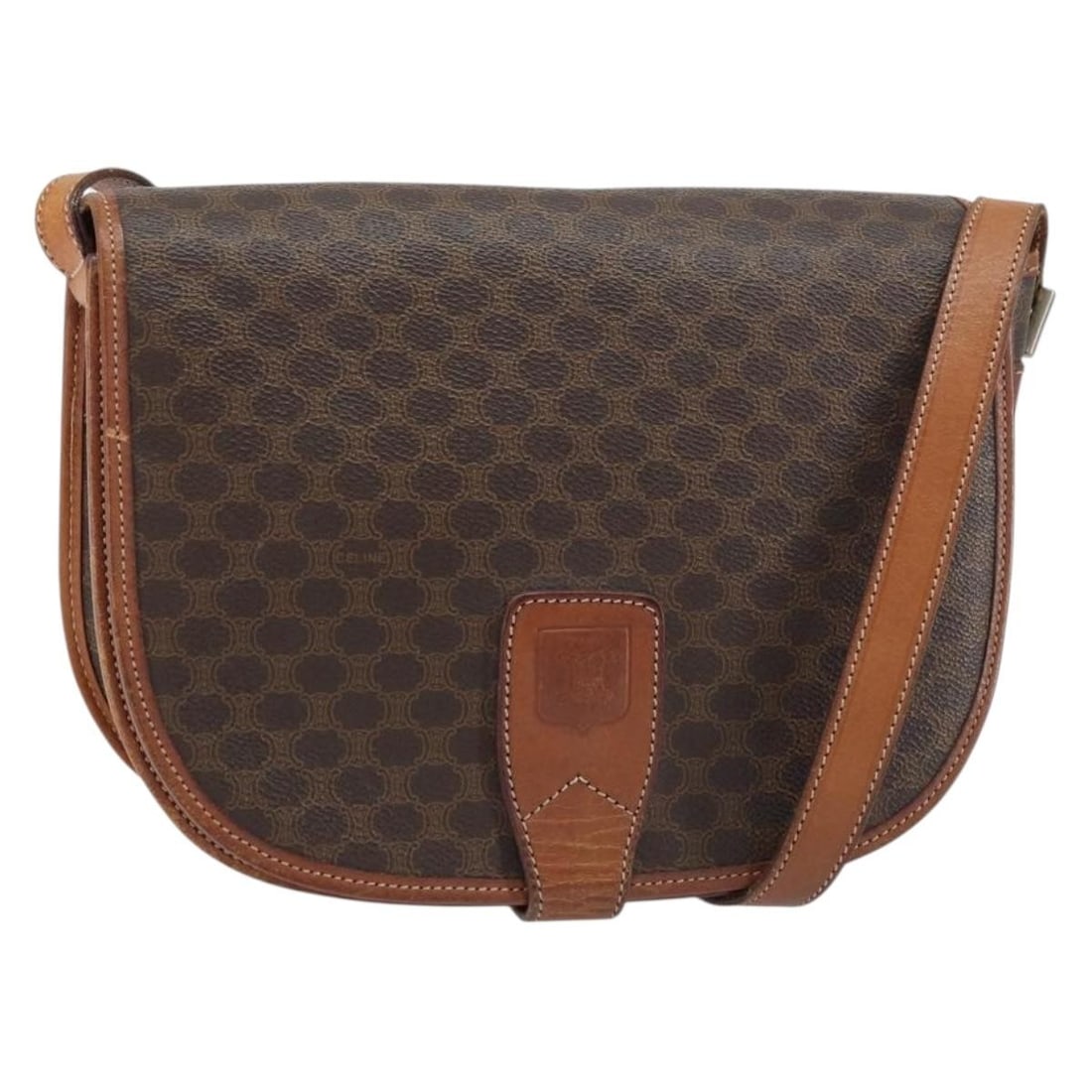 CELINE Macadam Canvas Shoulder Bag PVC Leather Brown Gold Italy: CELINE Macadam Canvas Shoulder Bag PVC Leather Brown Gold Italy This authentic CELINE Macadam Canvas Shoulder Bag showcases a luxurious blend of PVC leather and Macadam canvas, elegantly designed in a