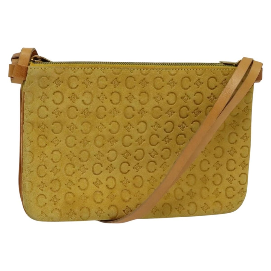 CELINE C Macadam Suede Shoulder Bag Yellow Gold Authentic BA1861: CELINE C Macadam Suede Shoulder Bag Yellow Gold Authentic BA1861 This Celine C Macadam Canvas Shoulder Bag is a luxurious accessory crafted from soft suede in a stunning yellow and gold color combinat