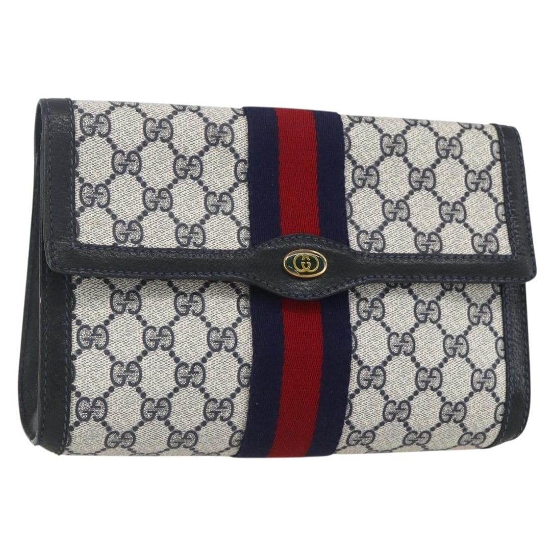 Gucci Sherry Line GG Supreme Navy PVC Clutch Bag 89 01 006: Gucci Sherry Line GG Supreme Navy PVC Clutch Bag 89 01 006 This is a Gucci GG Supreme Sherry Line clutch bag crafted in navy and gold PVC leather with GG canvas detailing. The bag features a compact r