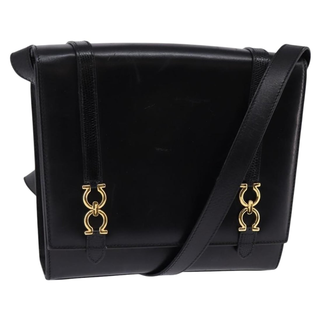 Salvatore Ferragamo Gancini Black Gold Leather Shoulder Bag Auth 145758: Salvatore Ferragamo Gancini Black Gold Leather Shoulder Bag Auth 145758 This Salvatore Ferragamo Gancini Shoulder Bag exudes elegance and sophistication, crafted from premium black leather with gold a