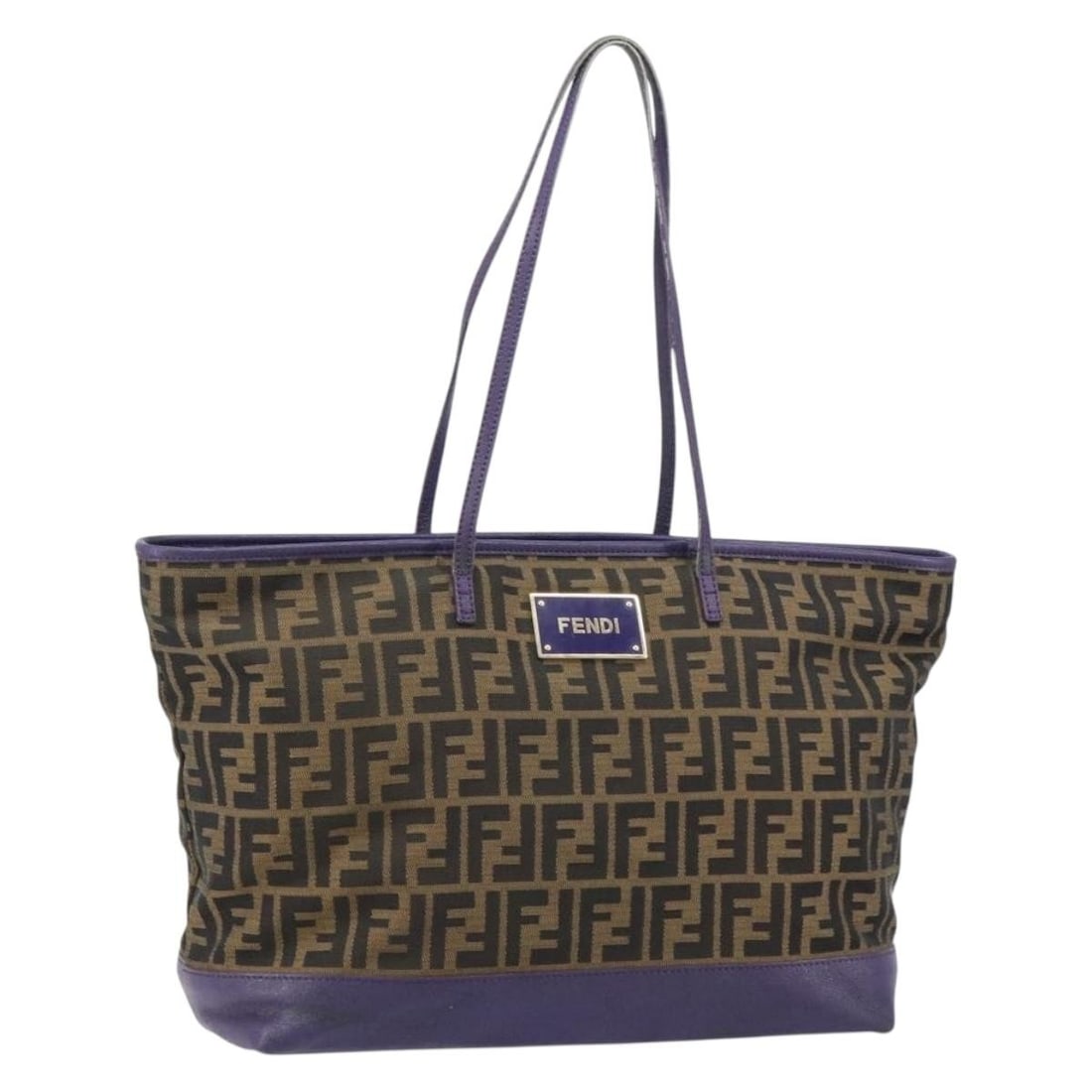 Fendi Tote in Black Brown Purple Zucca Canvas from Italy: Fendi Tote in Black Brown Purple Zucca Canvas from Italy This FENDI Zucca canvas tote bag features a black, brown, and purple color scheme and is crafted in Italy. The bag is made from Zucca canvas an