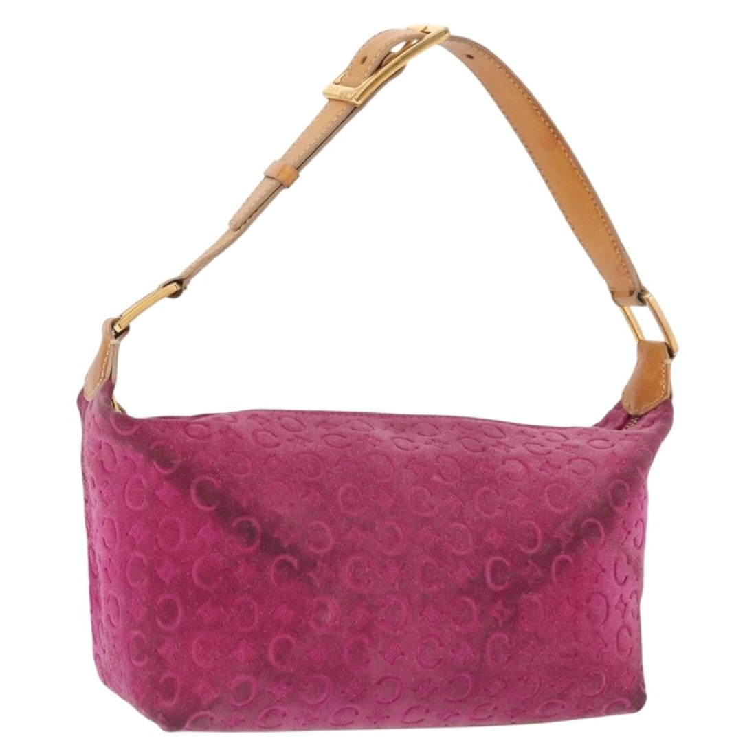 Celine Macadam Pink Suede and Canvas Shoulder Bag Gold Accents: Celine Macadam Pink Suede and Canvas Shoulder Bag Gold Accents This Celine C Macadam shoulder bag features a combination of suede and the signature Macadam canvas in pink and gold tones. The bag inclu