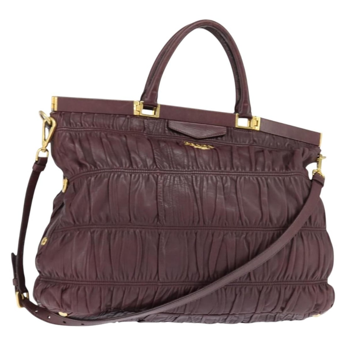 PRADA Bordeaux Gold Leather Gathered Hand Bag 2way Auth 150088: PRADA Bordeaux Gold Leather Gathered Hand Bag 2way Auth 150088 This authentic PRADA gathered hand bag is crafted from high-quality leather in a rich bordeaux and gold color combination. It features a