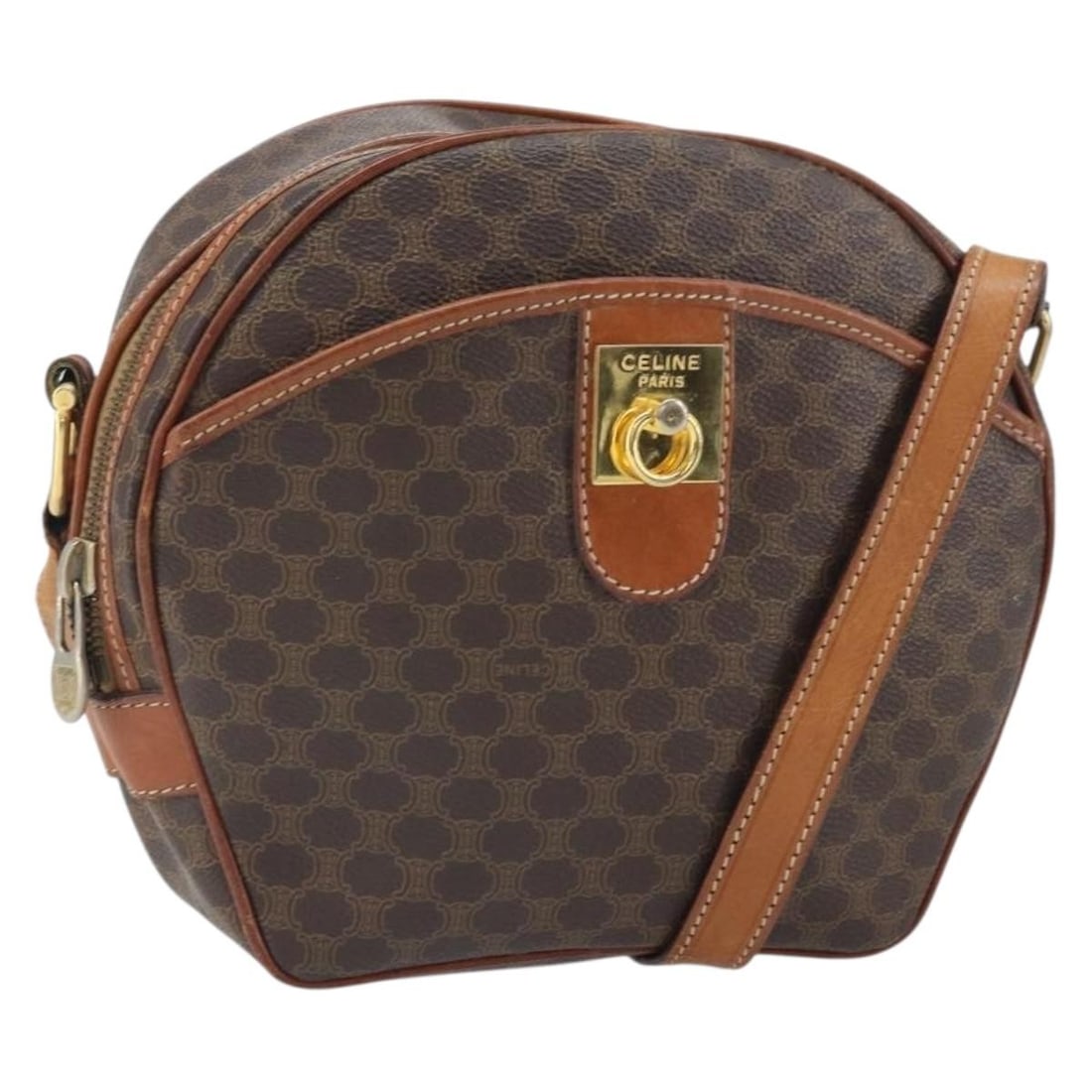 Macadam Pattern Beige PVC Shoulder Bag by CELINE Gold Tone Accents: Macadam Pattern Beige PVC Shoulder Bag by CELINE Gold Tone Accents This is a Celine Macadam canvas shoulder bag crafted from beige and gold PVC leather with the signature Macadam pattern. The bag feat