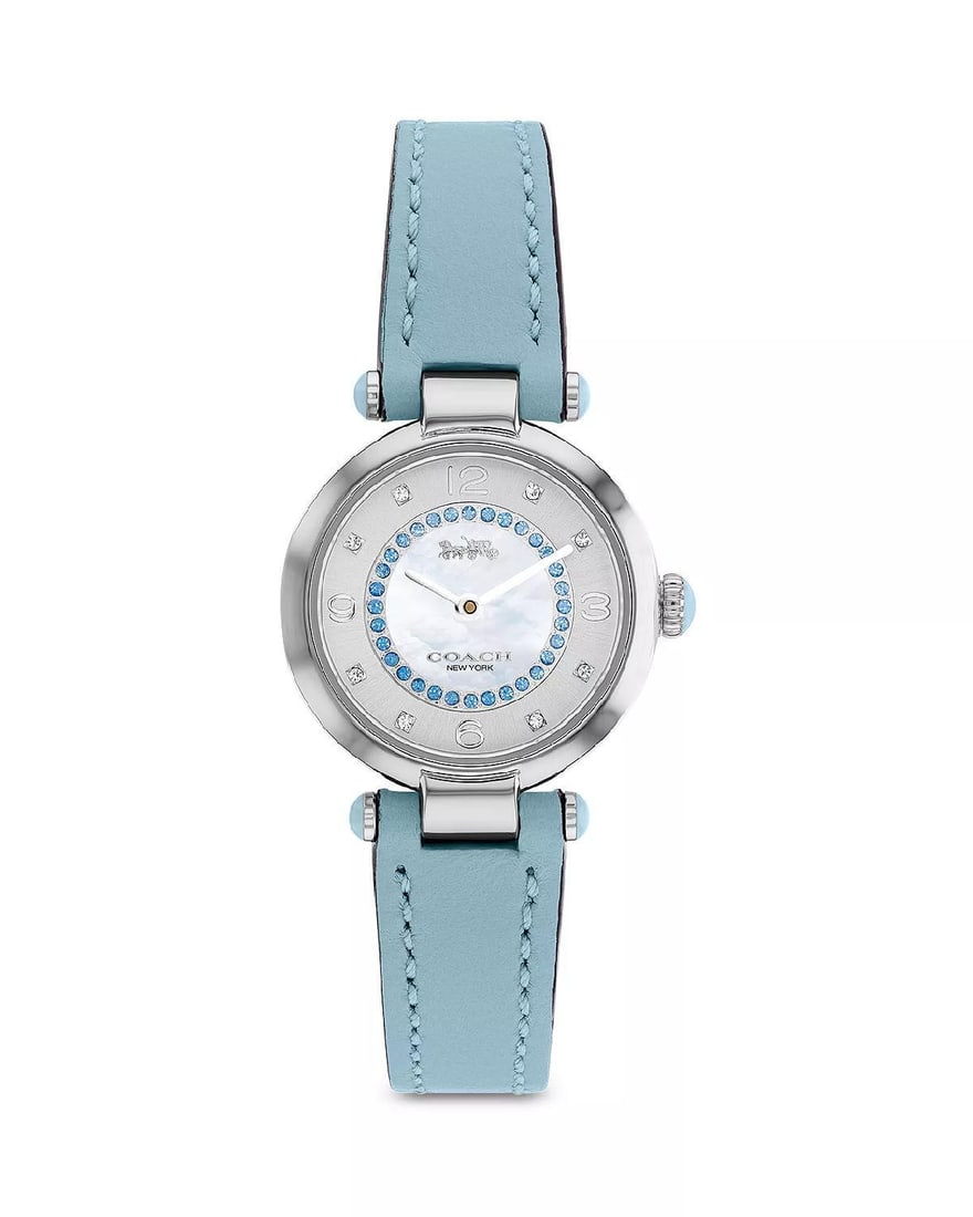 Coach Cary Aqua Quartz Watch with MOP Dial and Gray Bezel: Coach Cary Aqua Quartz Watch with MOP Dial and Gray Bezel This Coach Cary Aqua wristwatch combines elegance with functionality. Featuring a stunning mother of pearl dial with Arabic numerals and a fix