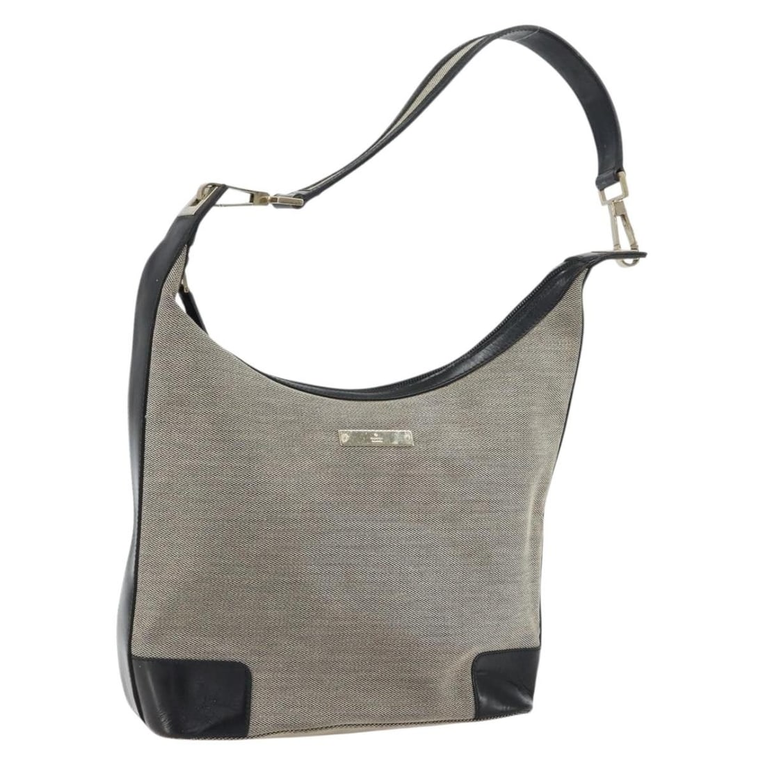 Gray Canvas Shoulder Bag by Gucci 001 4204 Gold Accents: Gray Canvas Shoulder Bag by Gucci 001 4204 Gold Accents This GUCCI shoulder bag features a gray and gold canvas exterior with a classic silhouette. Made in Italy, it offers a spacious main compartment