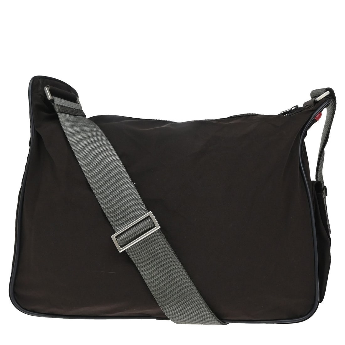 Prada Brown Nylon Vintage Tessuto Unisex Shoulder Bag: Prada Brown Nylon Vintage Tessuto Unisex Shoulder Bag This Prada vintage shoulder bag features a classic brown nylon exterior, designed for unisex use. The bag exhibits visible signs of prior use, inc