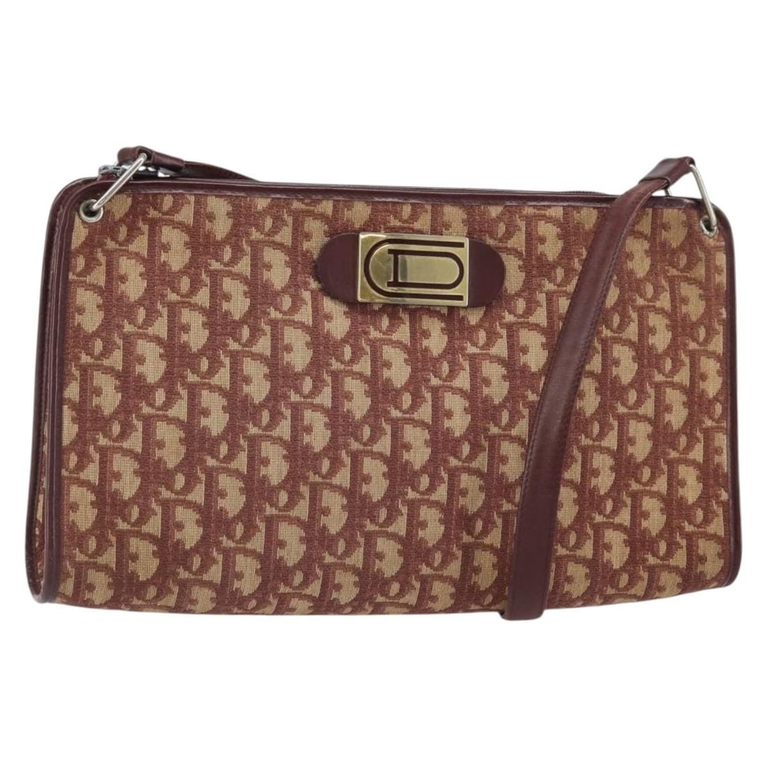 Red Trotter Canvas Shoulder Bag by Christian Dior with Gold Accents: Red Trotter Canvas Shoulder Bag by Christian Dior with Gold Accents This Christian Dior shoulder bag features the iconic Trotter canvas in red and gold tones, crafted in France. The bag shows noticeab