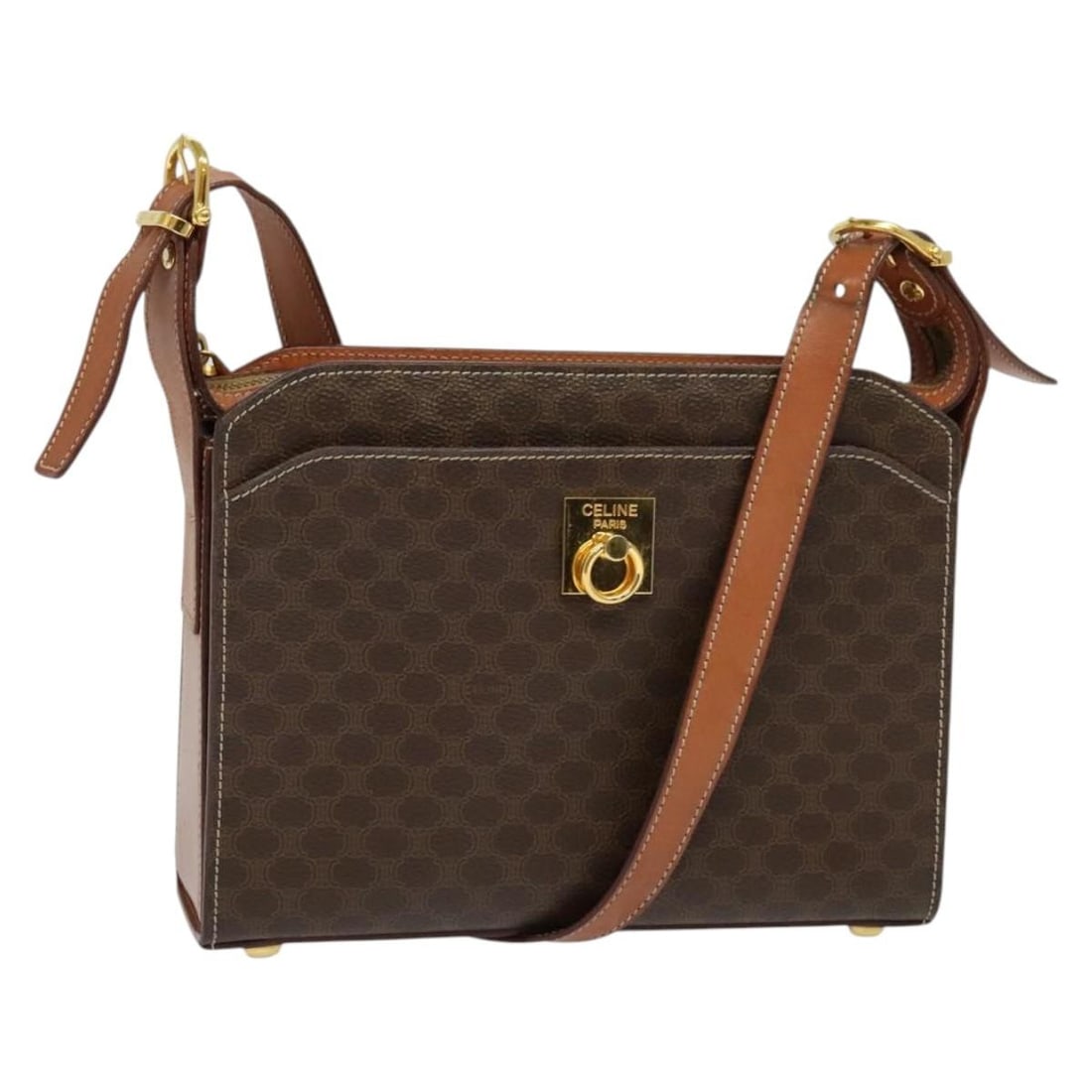 CELINE Macadam Canvas Shoulder Bag PVC Leather Brown Gold Made in Italy: CELINE Macadam Canvas Shoulder Bag PVC Leather Brown Gold Made in Italy This Celine Macadam Canvas Shoulder Bag is a stylish accessory crafted from durable PVC leather, featuring a chic brown and gold