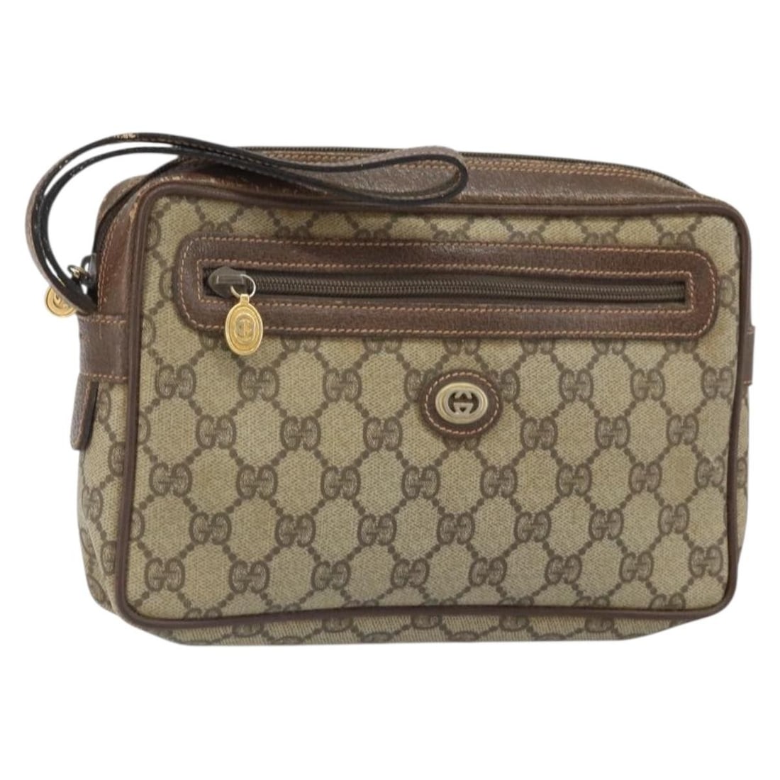 Beige Gold Gucci GG Canvas PVC Leather Clutch Bag 11901052 Italy Made: Beige Gold Gucci GG Canvas PVC Leather Clutch Bag 11901052 Italy Made This Gucci clutch bag features the iconic GG canvas combined with beige and gold PVC leather exterior. It has a compact design wit