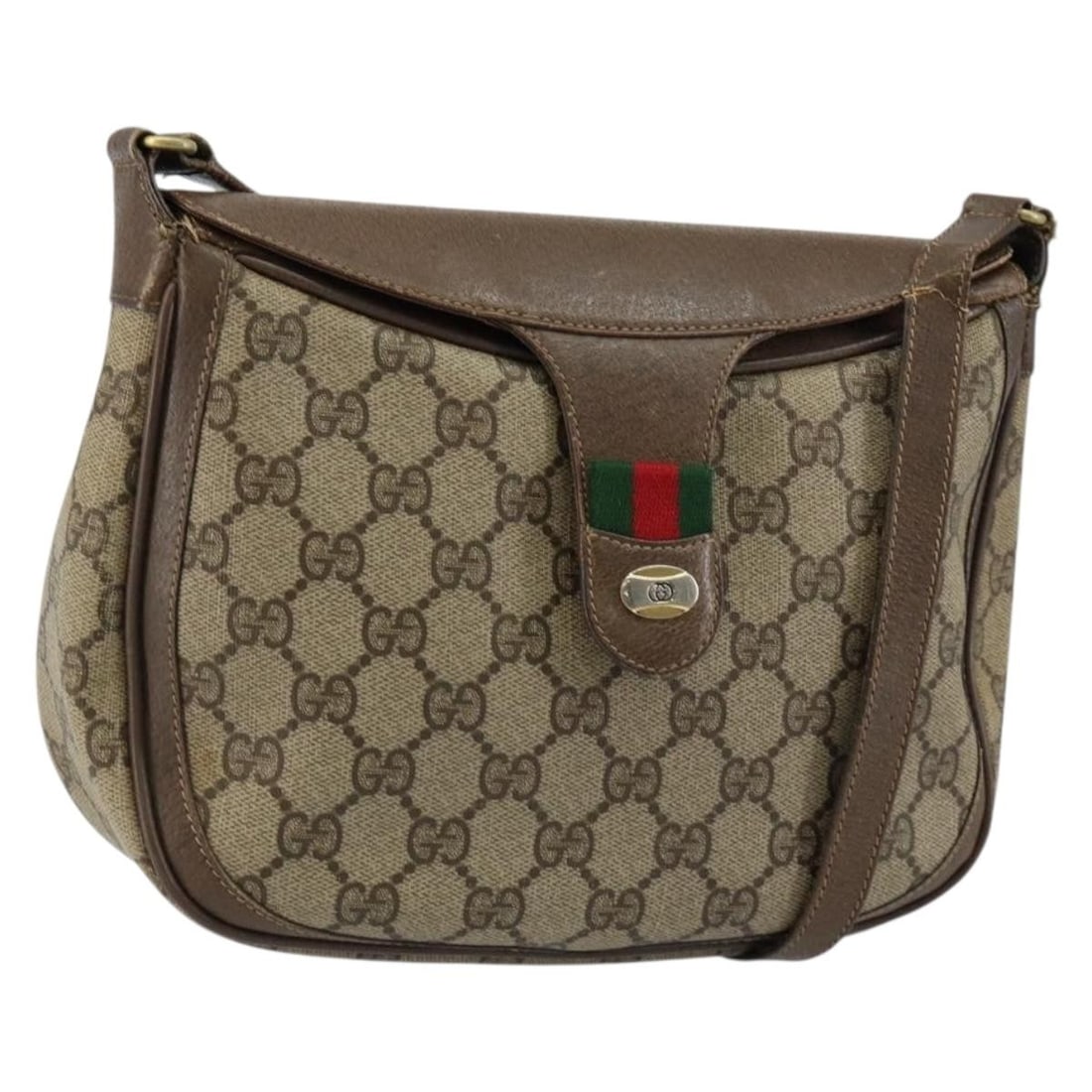 GUCCI GG Supreme Web Sherry Line Beige Red Shoulder Bag PVC Leather Auth 145477: GUCCI GG Supreme Web Sherry Line Beige Red Shoulder Bag PVC Leather Auth 145477 Introducing the GUCCI GG Supreme Web Sherry Line Shoulder Bag, a stylish accessory crafted from durable PVC leather. Thi