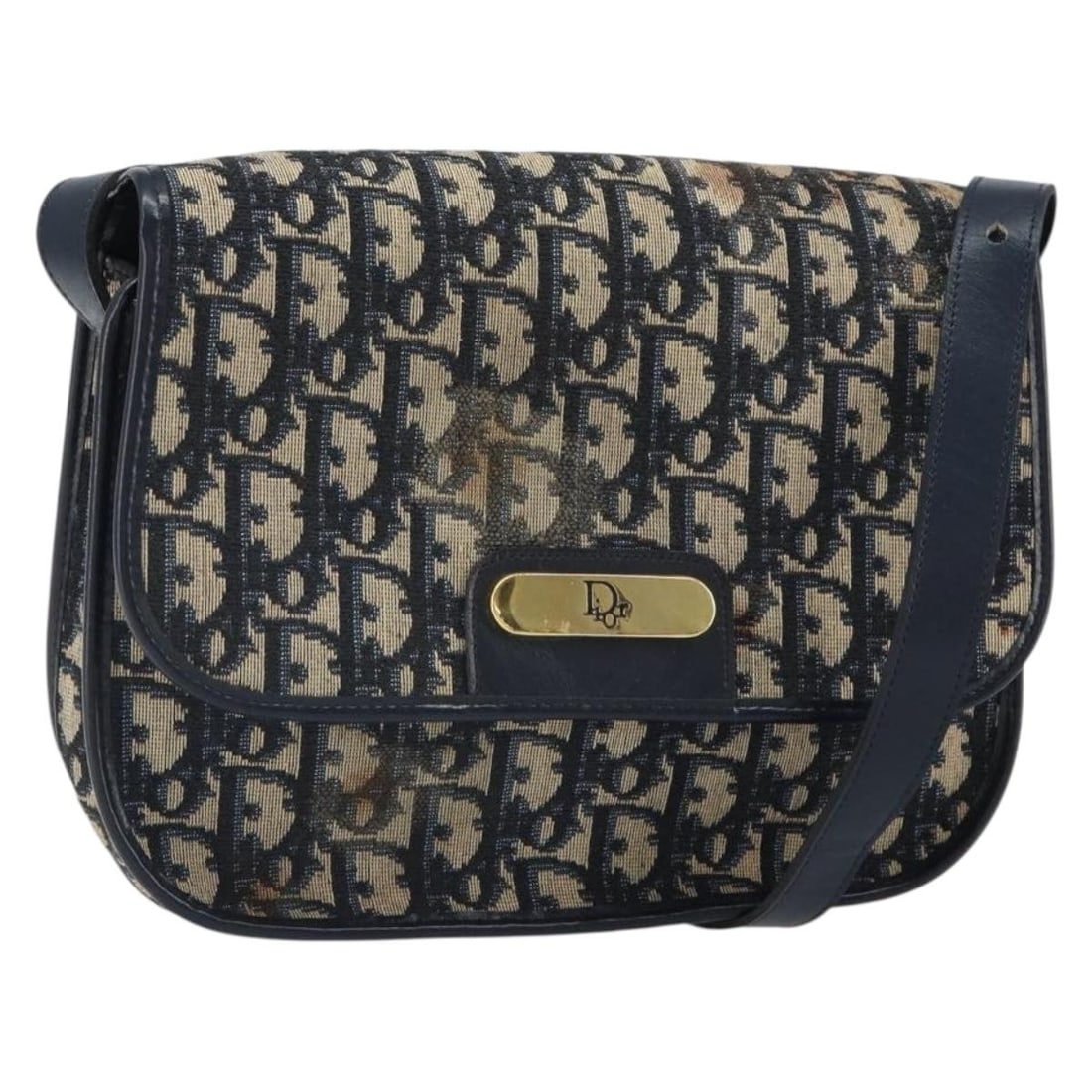 Dior Trotter Canvas Navy and Gold Shoulder Purse from France: Dior Trotter Canvas Navy and Gold Shoulder Purse from France This Christian Dior shoulder bag features the iconic Trotter canvas in navy and gold tones. Crafted in France, the bag shows significant si