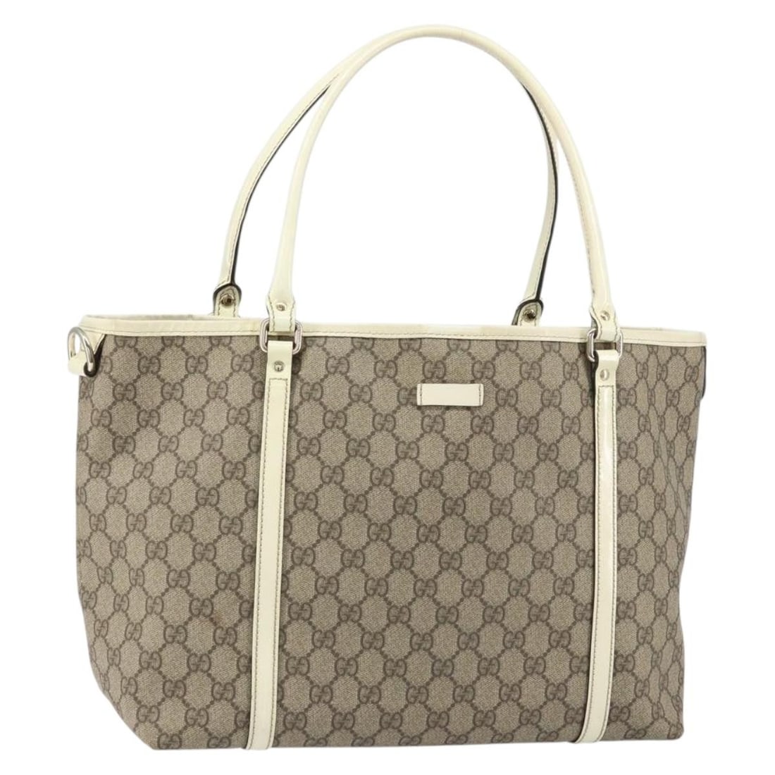 Beige and Gold PVC GG Supreme Tote by Gucci Model 197953: Beige and Gold PVC GG Supreme Tote by Gucci Model 197953 This is a Gucci GG Supreme tote bag crafted from beige and gold PVC leather with GG canvas accents. Made in Italy, it features a spacious inter