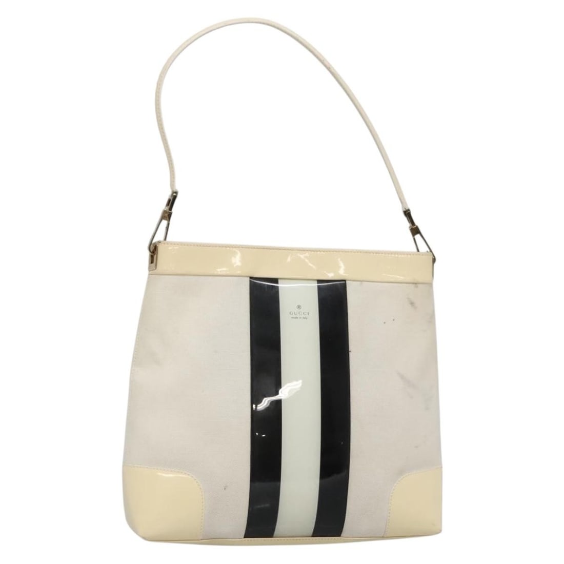 GUCCI 001 4231 White Gold Canvas Shoulder Bag Authentic: GUCCI 001 4231 White Gold Canvas Shoulder Bag Authentic This authentic GUCCI shoulder bag is crafted in Italy from durable canvas in a striking white and gold color combination. The bag features a sty