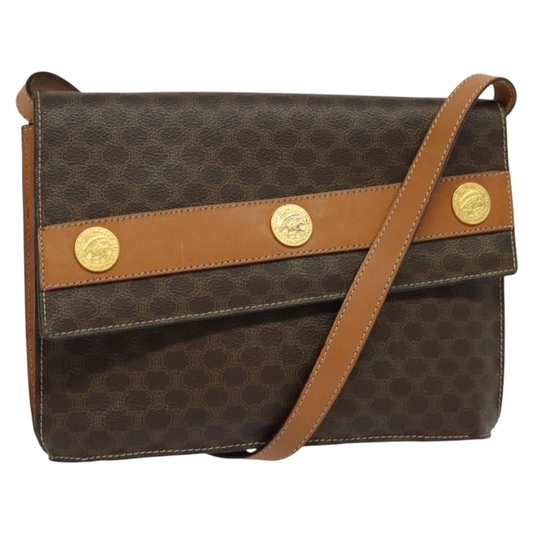 CELINE Macadam Canvas Coin Shoulder Bag Brown Gold PVC Leather Made in Italy: CELINE Macadam Canvas Coin Shoulder Bag Brown Gold PVC Leather Made in Italy Discover the elegance of the CELINE Macadam Canvas Coin Shoulder Bag, a stylish accessory crafted from durable PVC leather