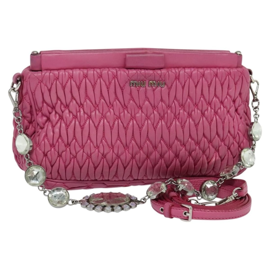 Authentic Miu Miu Matelasse Leather Hand Bag Pink Silver 2way: Authentic Miu Miu Matelasse Leather Hand Bag Pink Silver 2way This Miu Miu Matelasse Bijoux Hand Bag is an elegant accessory crafted from high-quality leather in a stylish pink and silver color combin