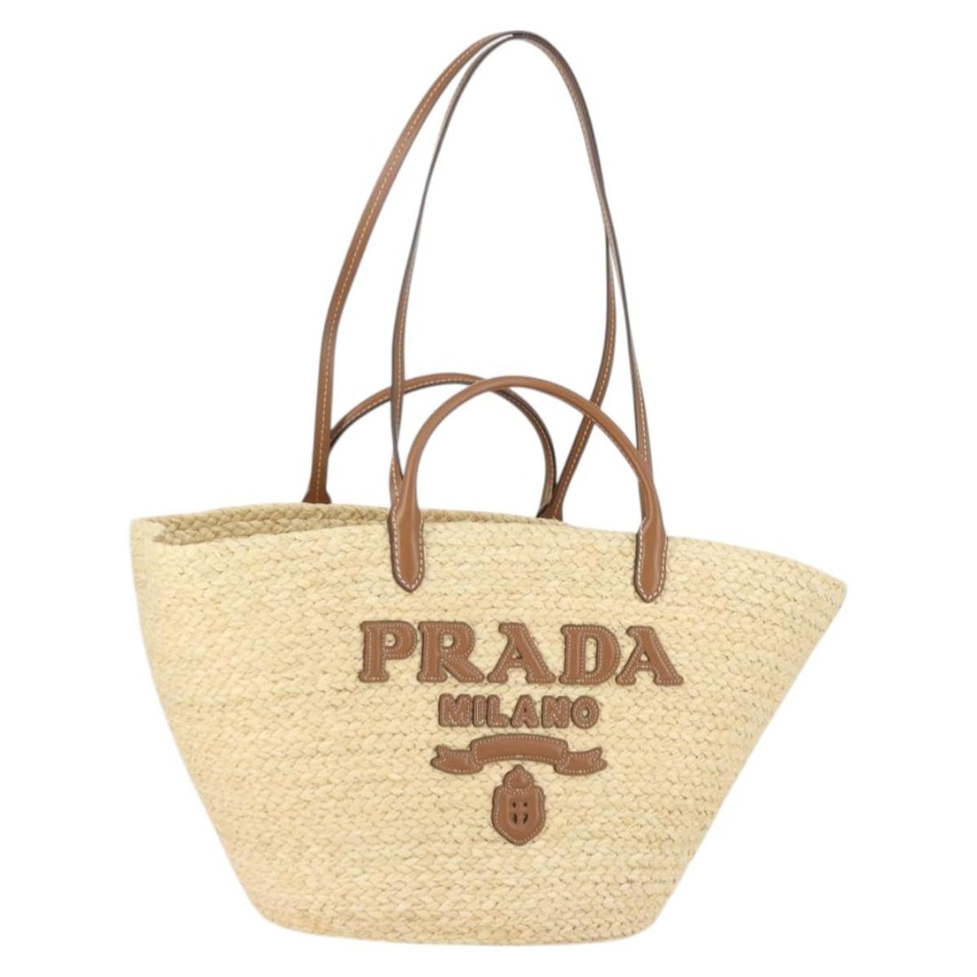 Prada Raffia and Wood Beige Large Tote Bag with Dust Bag: Prada Raffia and Wood Beige Large Tote Bag with Dust Bag This PRADA large tote bag is crafted from beige wood material, offering a distinctive and stylish look. The bag features a spacious interior, c