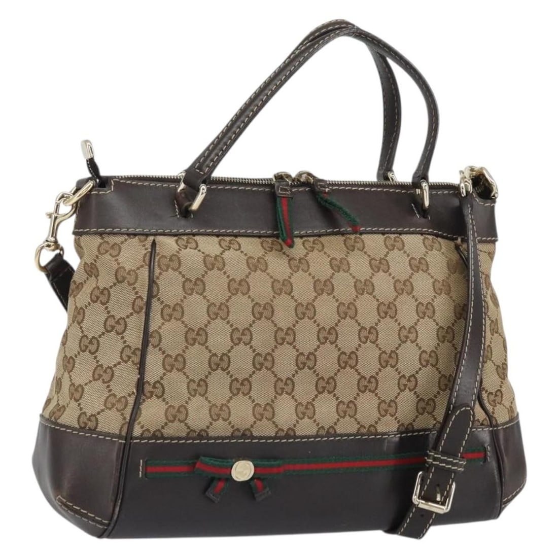 Beige Gold GG Canvas Mayfair 2way Handbag with Strap by Gucci: Beige Gold GG Canvas Mayfair 2way Handbag with Strap by Gucci This is a Gucci GG Canvas Web Sherry Line Mayfair 2-way handbag in beige and gold. Crafted in Italy, the bag features the signature GG can