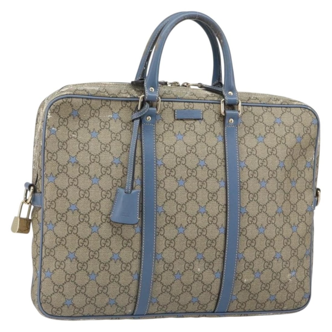 Beige Gold GG Supreme PVC Leather Business Bag by Gucci Model 208463: Beige Gold GG Supreme PVC Leather Business Bag by Gucci Model 208463 This GUCCI GG Supreme business bag features a beige and gold PVC leather and GG canvas exterior. The bag offers a spacious main com