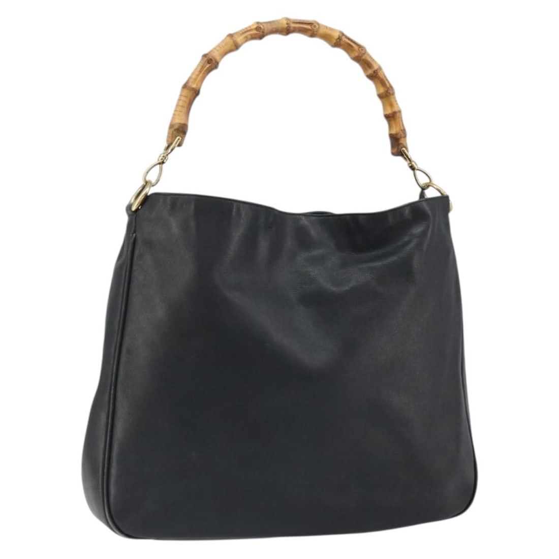 Gucci Bamboo Black Leather Shoulder Bag with Gold Hardware 001 1577 3444: Gucci Bamboo Black Leather Shoulder Bag with Gold Hardware 001 1577 3444 This is a GUCCI Bamboo Shoulder Bag crafted from black leather with gold accents. The bag features a spacious interior and clas