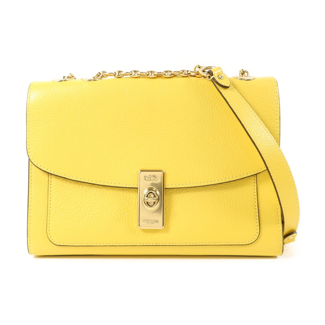 Coach Yellow Calfskin Shoulder Bag with Gold Hardware: Coach Yellow Calfskin Shoulder Bag with Gold Hardware This COACH shoulder bag features a yellow calfskin leather exterior and gold hardware. Designed in a regular size, the bag offers a stylish and fu