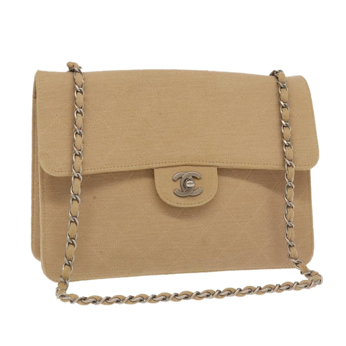 CHANEL Matelasse Beige Cotton Shoulder Bag with Chain Authenticated: CHANEL Matelasse Beige Cotton Shoulder Bag with Chain Authenticated Elevate your style with this authentic CHANEL Matelasse Chain Shoulder Bag, crafted in France from high-quality cotton. This chic sh