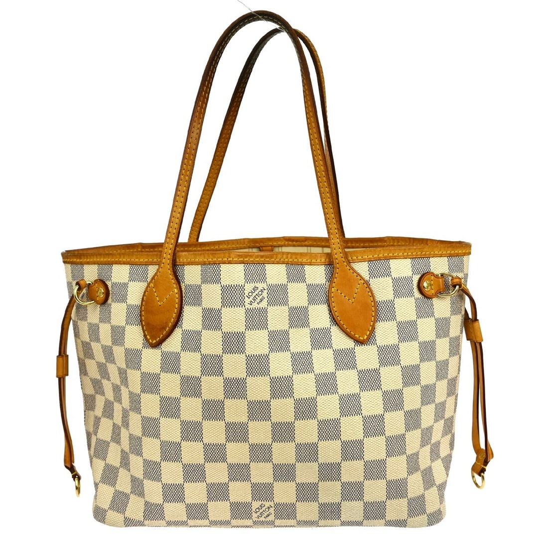 Damier Azur Neverfull PM Tote by Louis Vuitton N51110: Damier Azur Neverfull PM Tote by Louis Vuitton N51110 This Louis Vuitton Neverfull PM tote bag features the signature Damier Azur check pattern and is crafted from Damier canvas leather. The bag has d